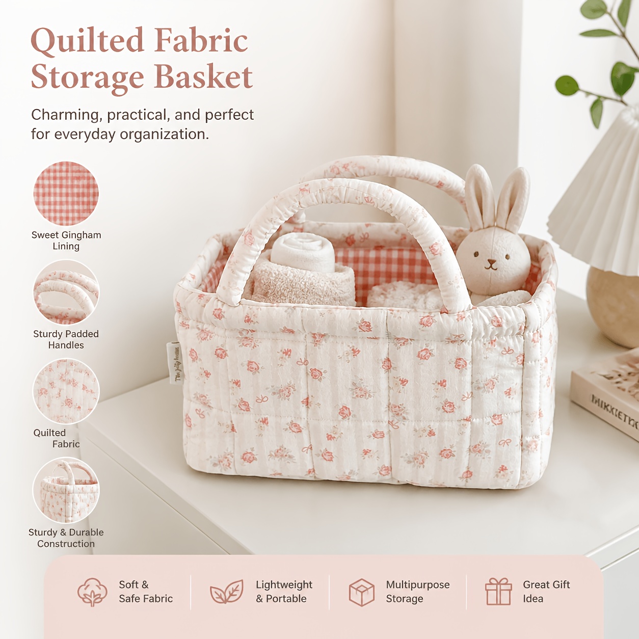 Baby Clothing Basket - Blumenmuster Gesteppter Aufbewahrungskorb Tragbarer Kosmetik-Organizer mit